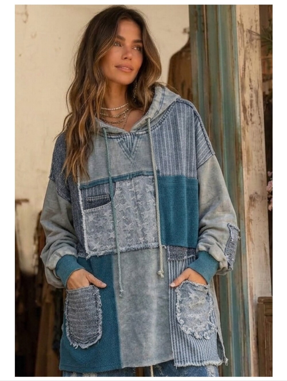 Oli & Hali Washed Teal Patchwork Fleece Denim Star Hooded Pullover